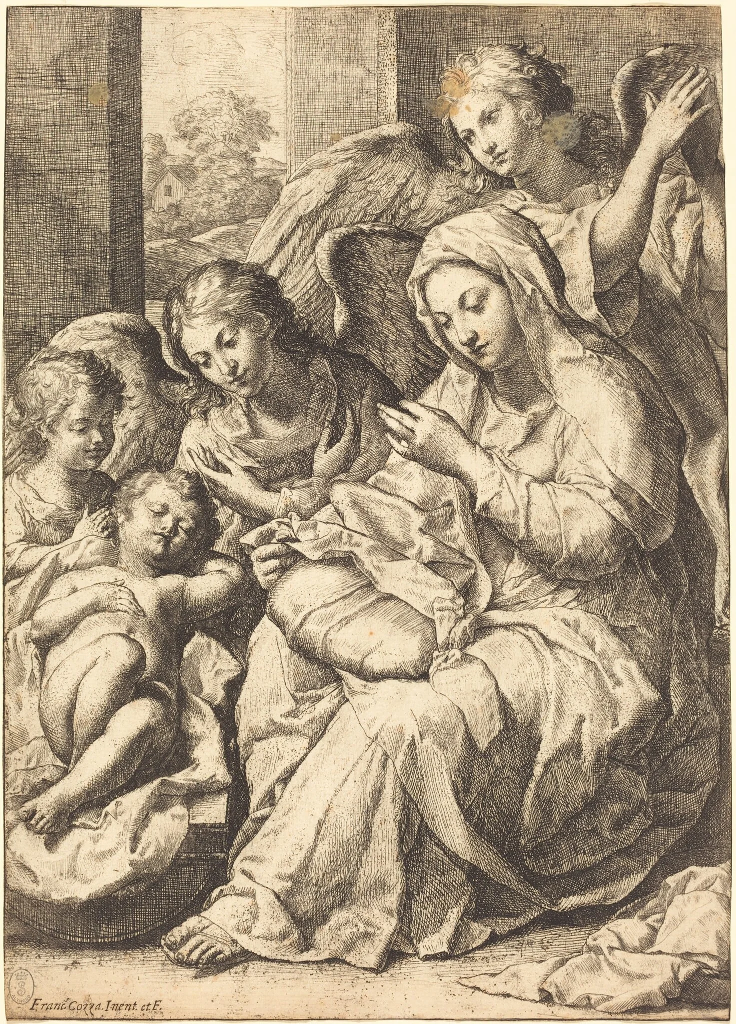 Virgin and Angels Watching Over the Sleeping Infant Jesus, by Francesco Cozza, ink, 1644