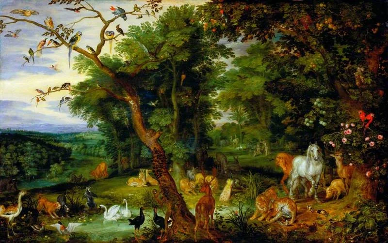 The Garden of Eden with the Temptation in the Background, by Jan Brueghel, the elder, oil, 1600