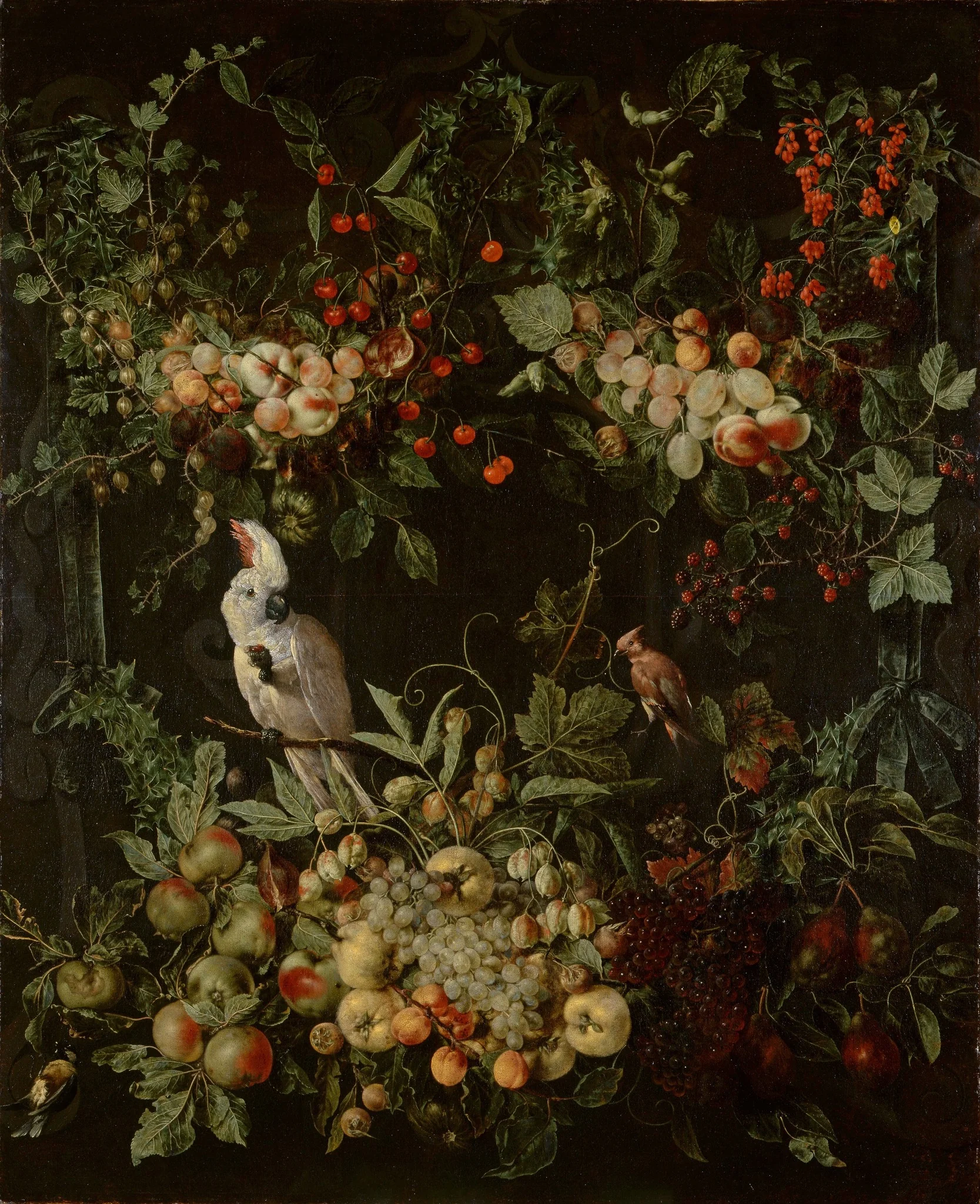 Swags of fruit and flowers surrounding a cartouche with a sulphur-crested cockatoo