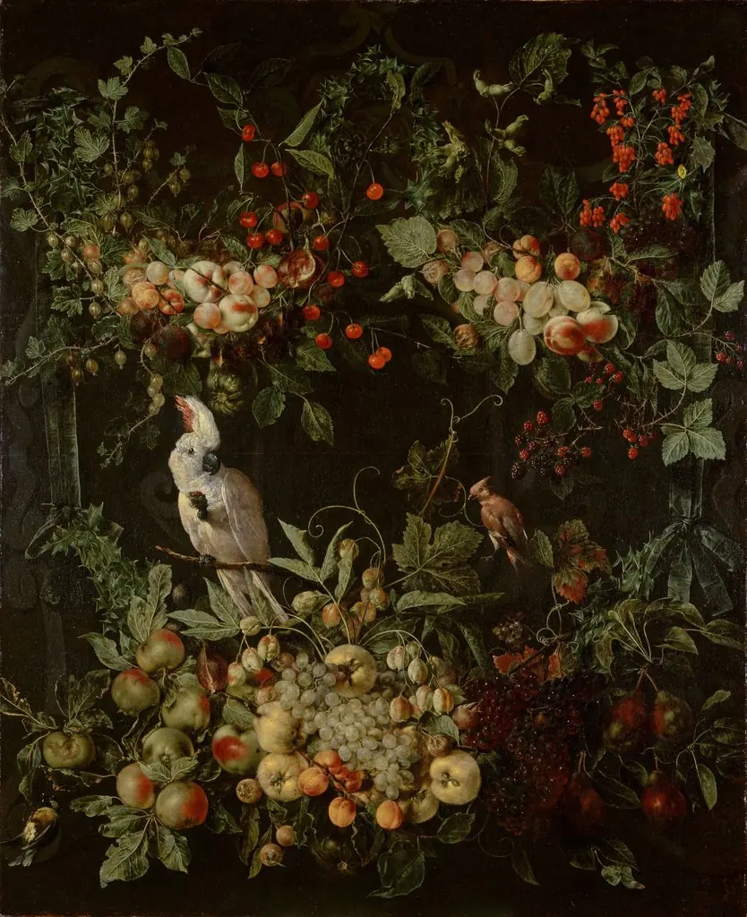 Swags of fruit and flowers surrounding a cartouche with a sulphur-crested cockatoo