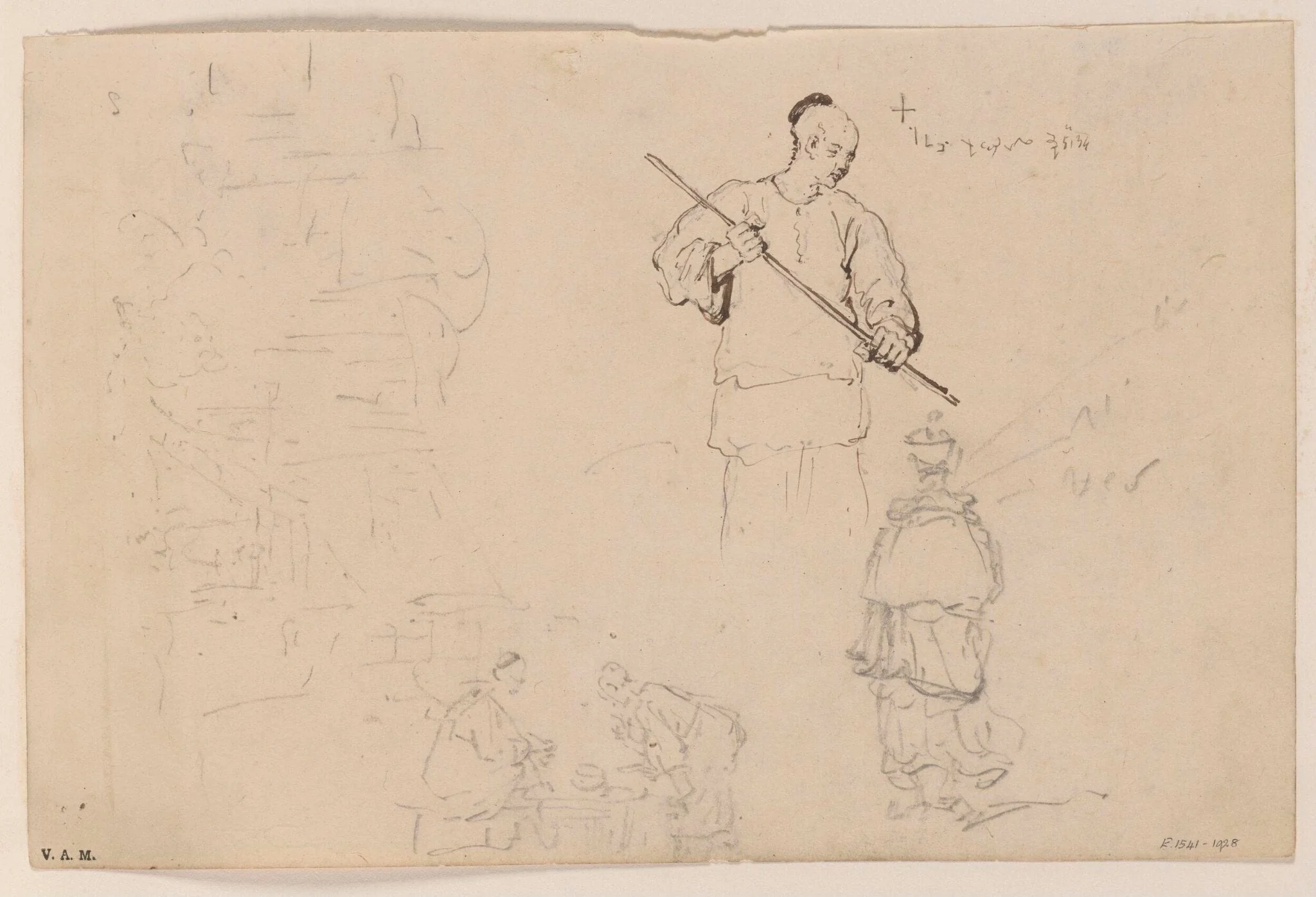 Sketches of figures, including a Chinese man with a pole, by George Chinnery, 8
