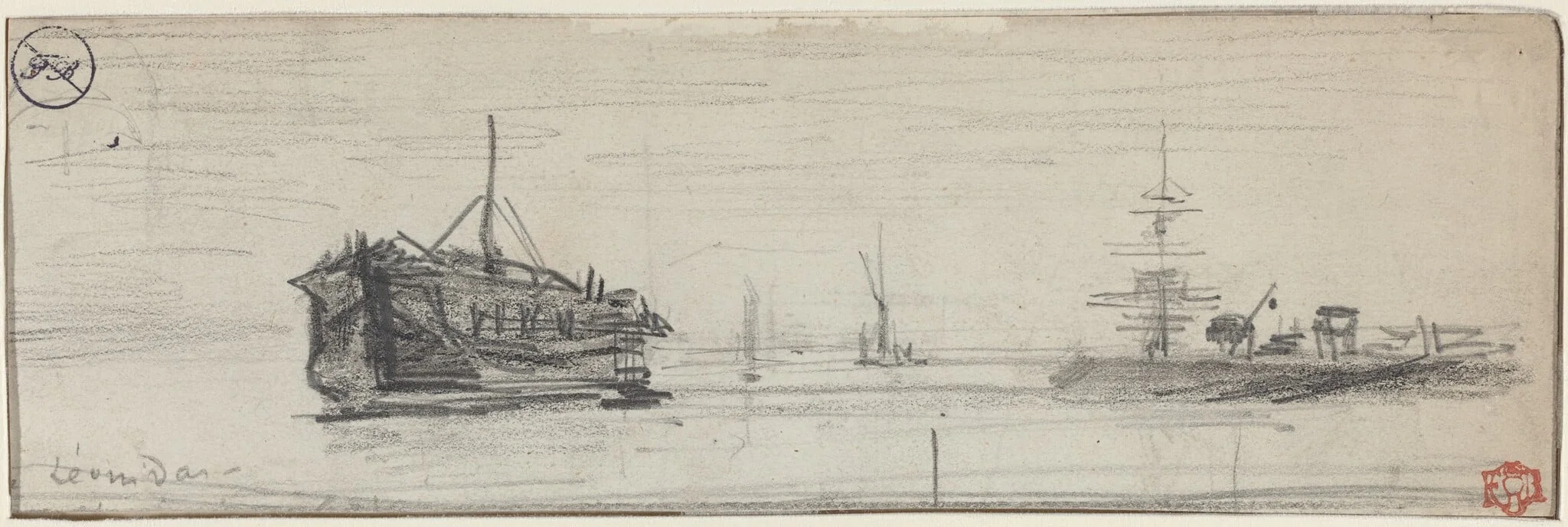 Shipping in the Port of London [recto], by Félix-Hilaire Buhot, chalk, 1884