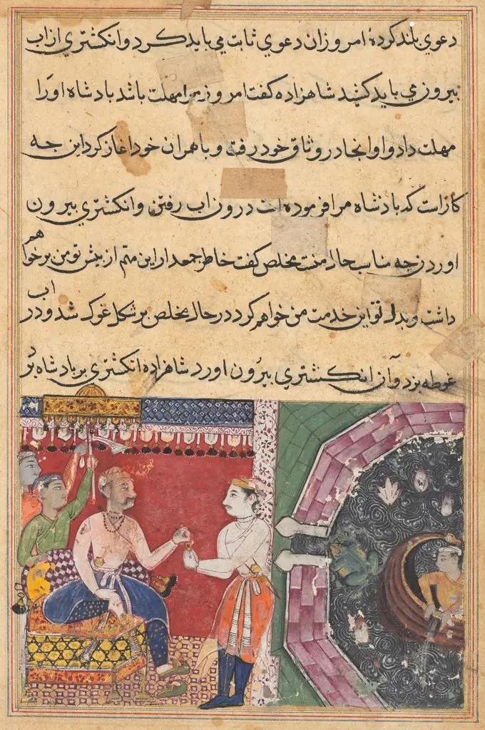 The prince, with the help of Mukhlis who changes into a frog, recovers the ring lost in the sea, and returns it to the king, from a Tuti-nama (Tales of a Parrot): Eighteenth Night
