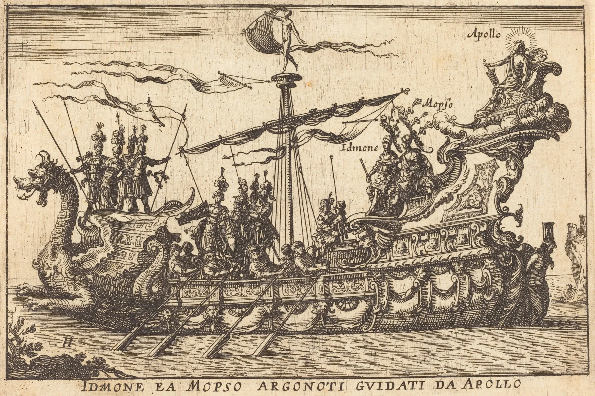 Idinone ea Mopso Argonoti guidati da Apollo, by Balthasar Moncornet, ink, 1634