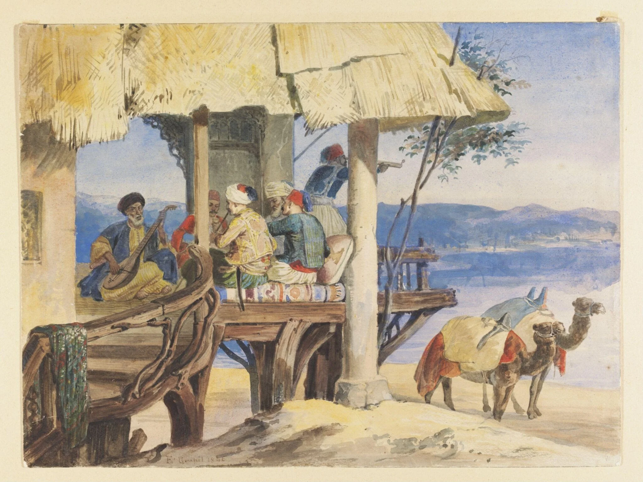Turkish Musicians in a coffee-house overlooking the Bosphorus, by Frédéric Goupil-Fesquet, watercolor, 1846
