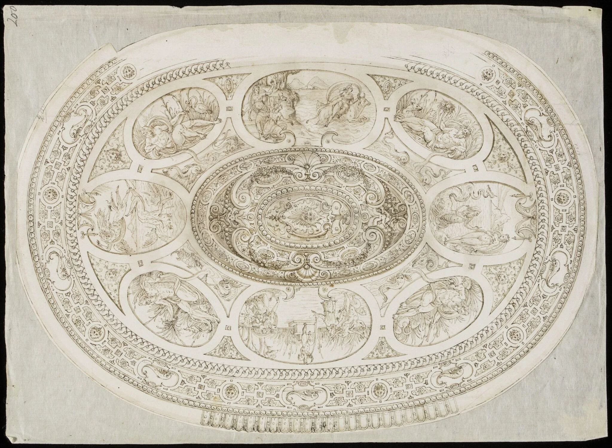 An oval with scenes of the Metamorphoses: The Rape of Europa, the peasants turned into frogs, The Fall of Icarus, Glaucus and Scylla