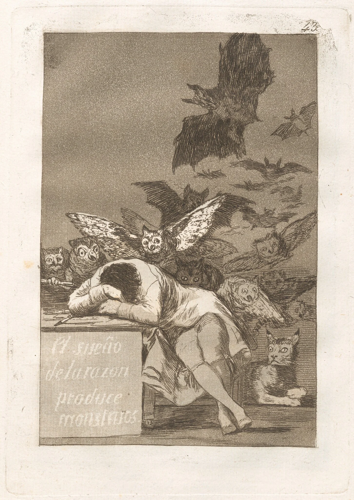 El sueño de la razon produce monstruos (The Sleep of Reason Produces Monsters), by Francisco Goya, ink, 1799