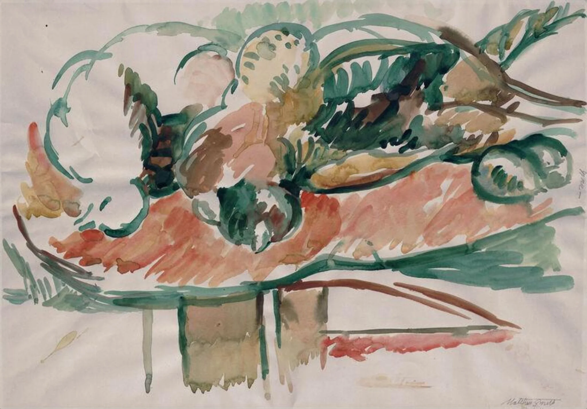 Pheasants on a table, by Matthew Smith, watercolor, 1958