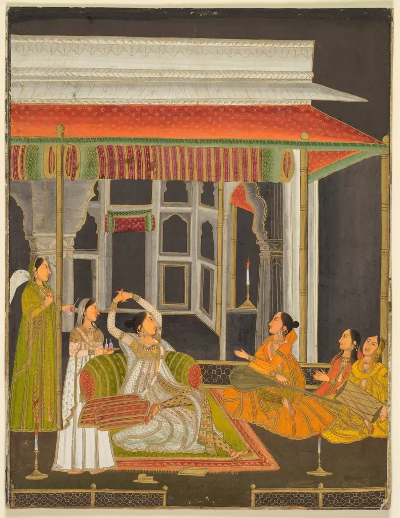 A princess on a terrace with attendants at night (recto); Calligraphy (verso)