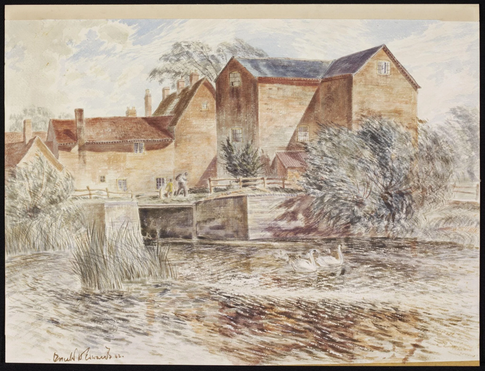 Charlecote Mill, Hampton Lucy, Warwickshire, by Donald H. Edwards, watercolor, 1942