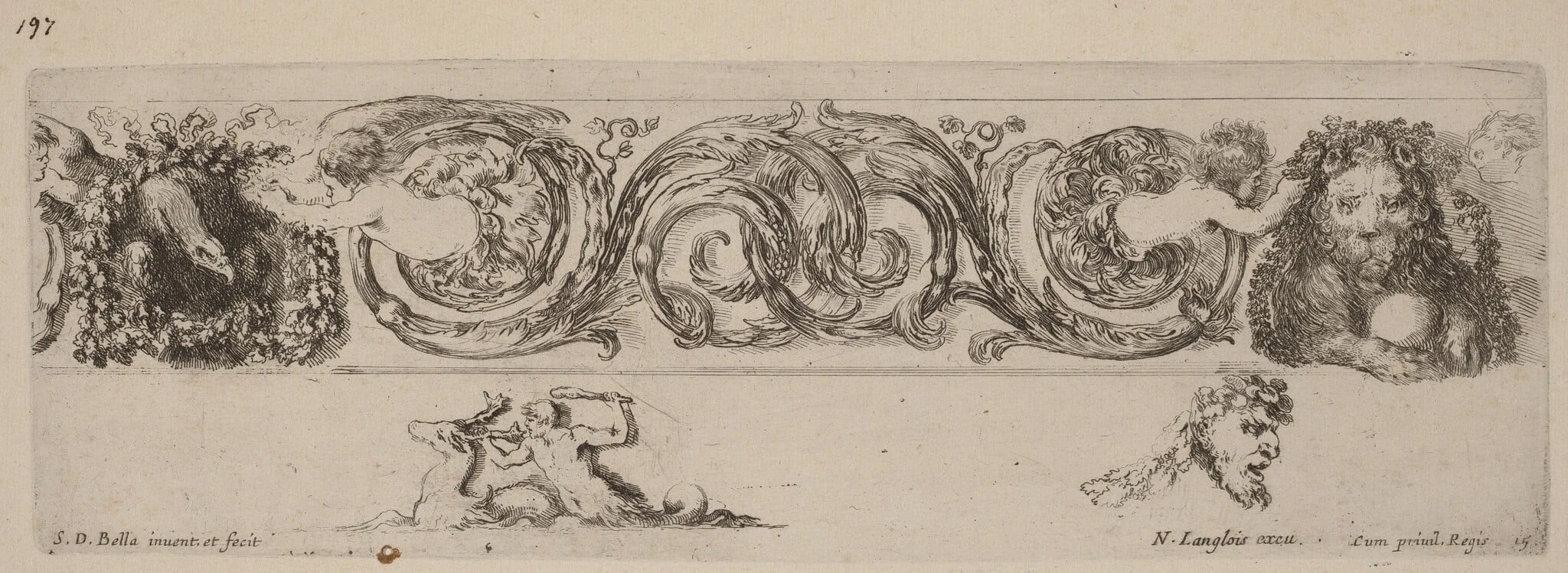 Ornamental Frieze with Eagle and Lion Engarlanded by Children, by Stefano Della Bella, ink, 1648