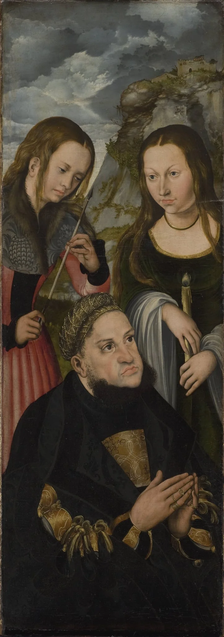 The Elector Frederic the Wise of Saxony (1463-1525) with the Saints Ursula (left) and Genevieve (right), by Unknown, 1550