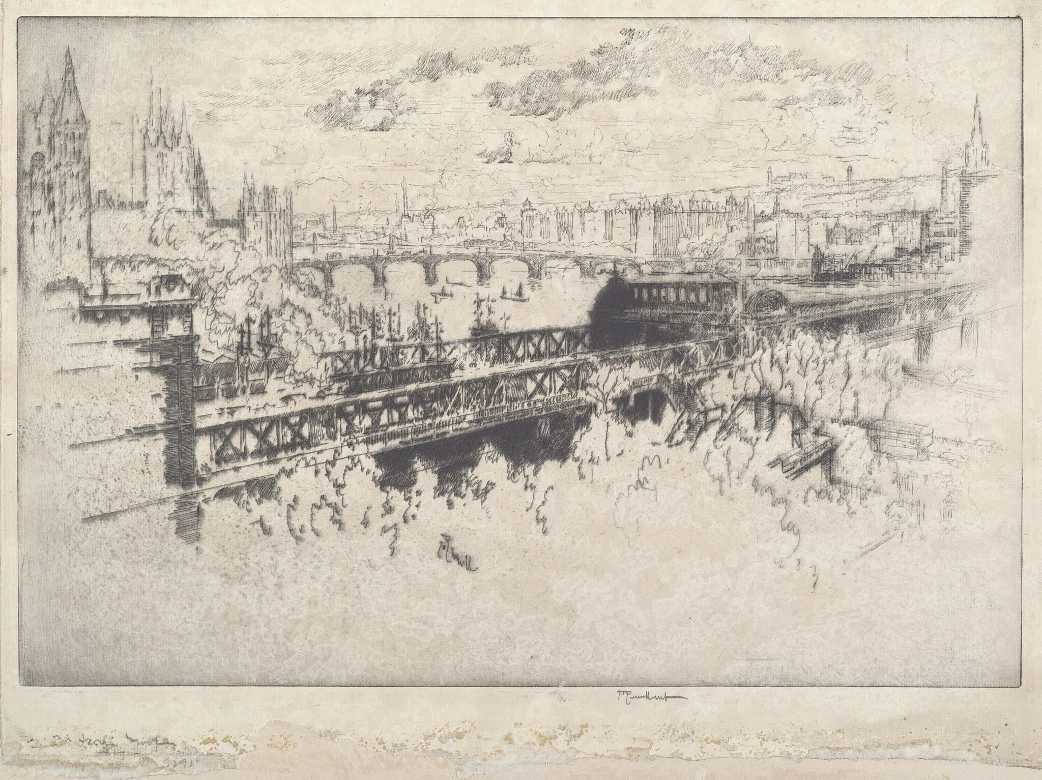 London over Charing Cross Bridge, by Joseph Pennell, ink, 1910