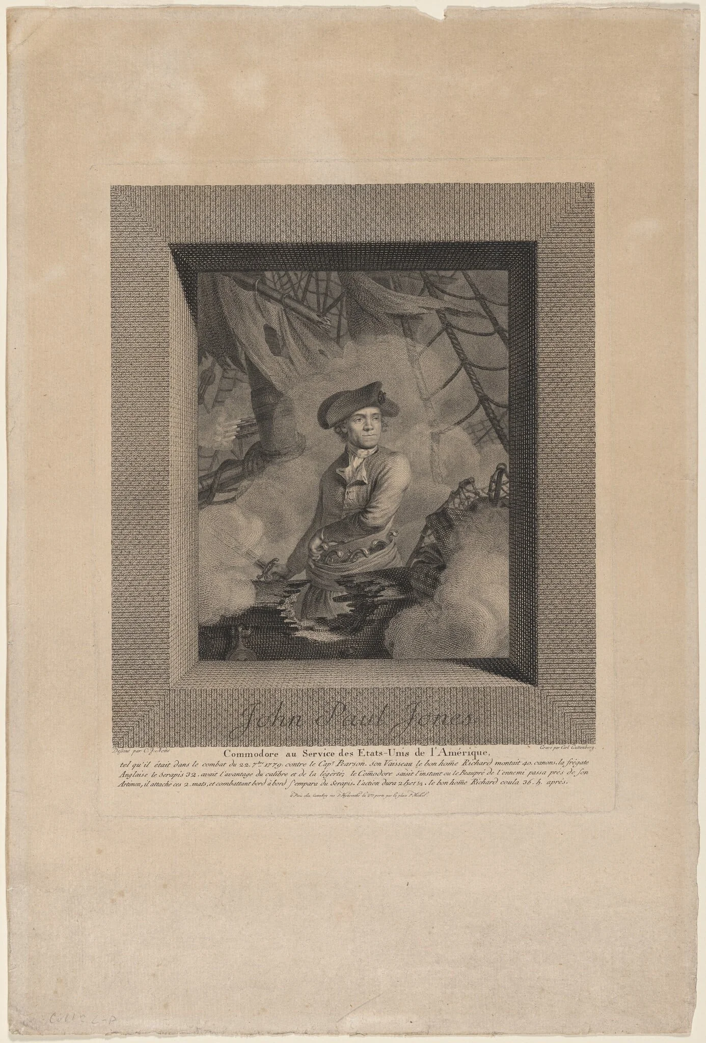 John Paul Jones, Commodore au Service des Etats Unis de l'Amérique (John Paul Jones, Commodore in the Service of the United States of America), by Carl Guttenberg, ink, 1780