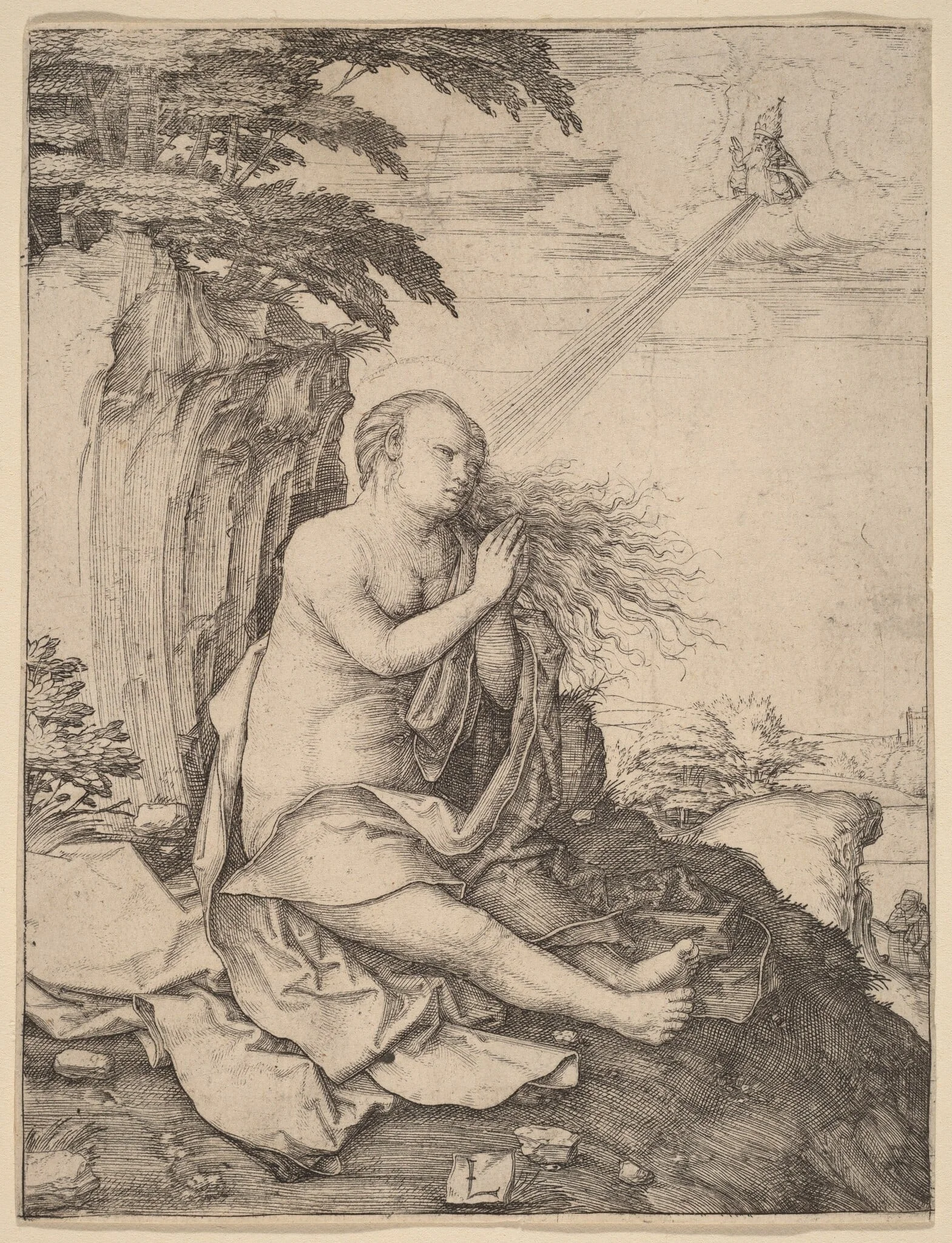 Saint Mary Magdalene in the Desert, by Lucas van Leyden, ink, 1508