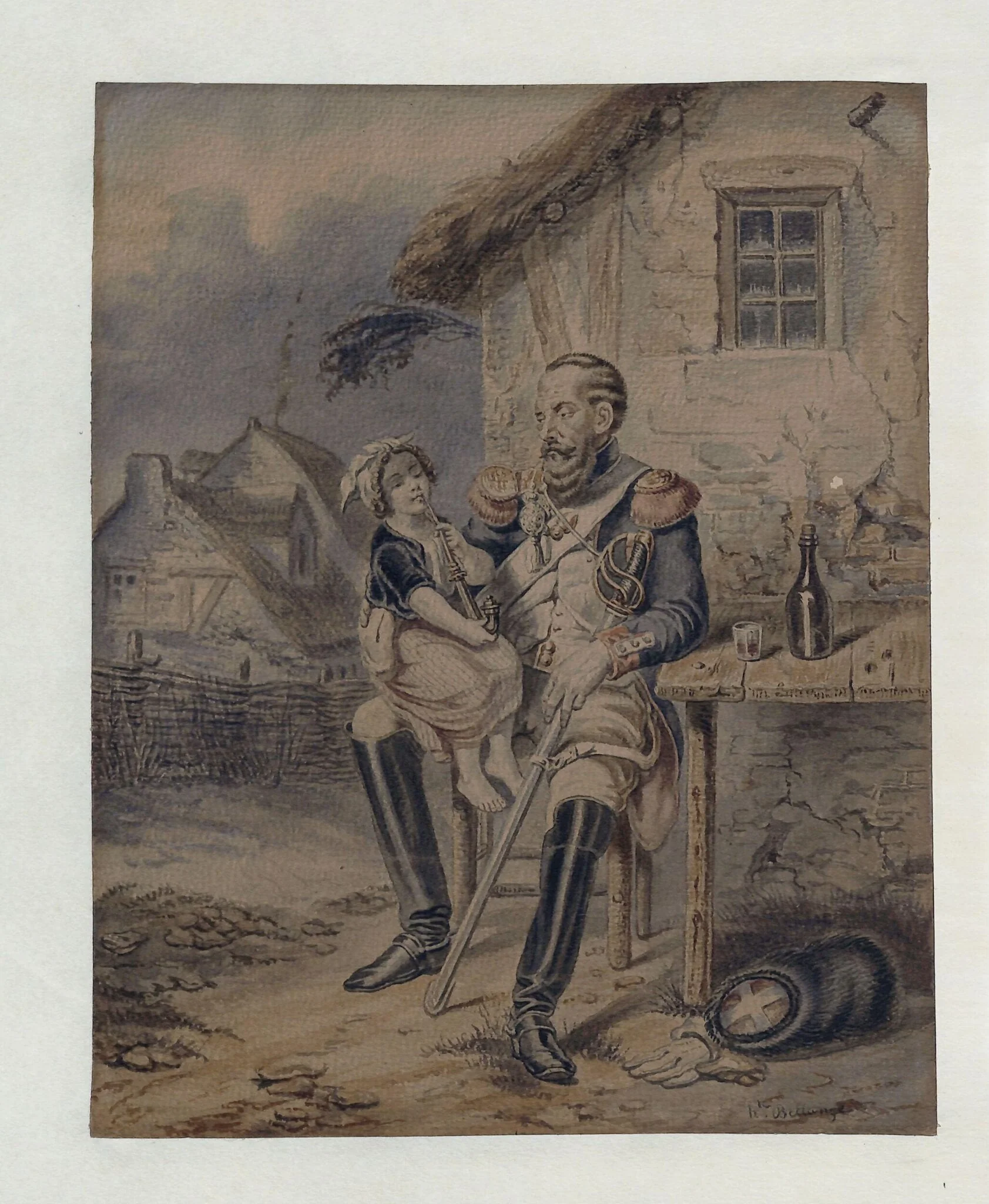 Child seated on the knee of a soldier, by Hippolyte Bellangé, watercolor, 1850