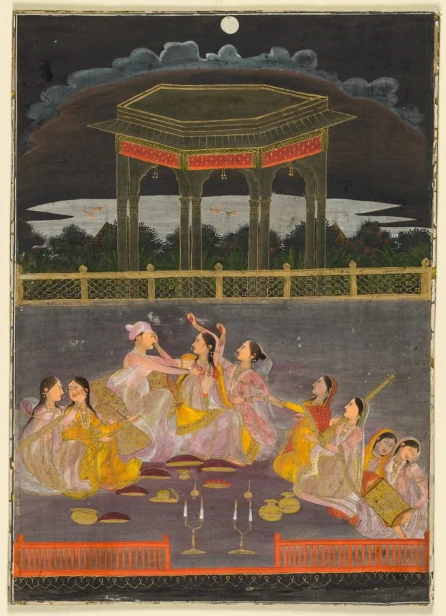 A prince celebrating Holi with palace women on a terrace at night (recto), by Unknown, unspecified, 1760