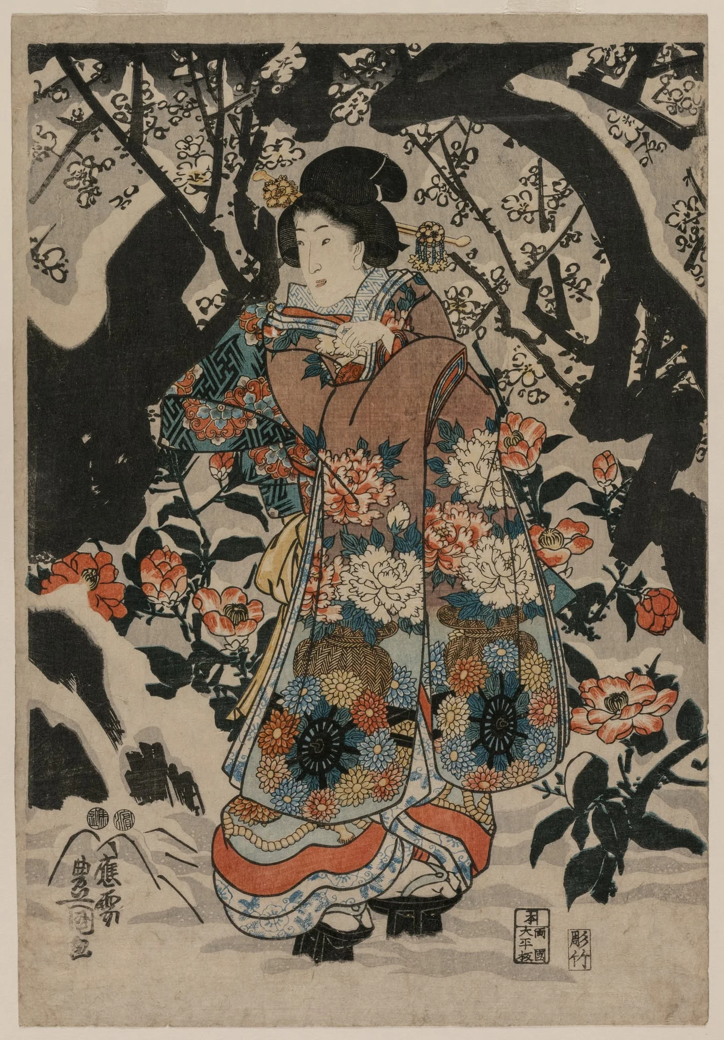 Woman Standing Beside a Plum Tree, by Utagawa Kunisada, 1850
