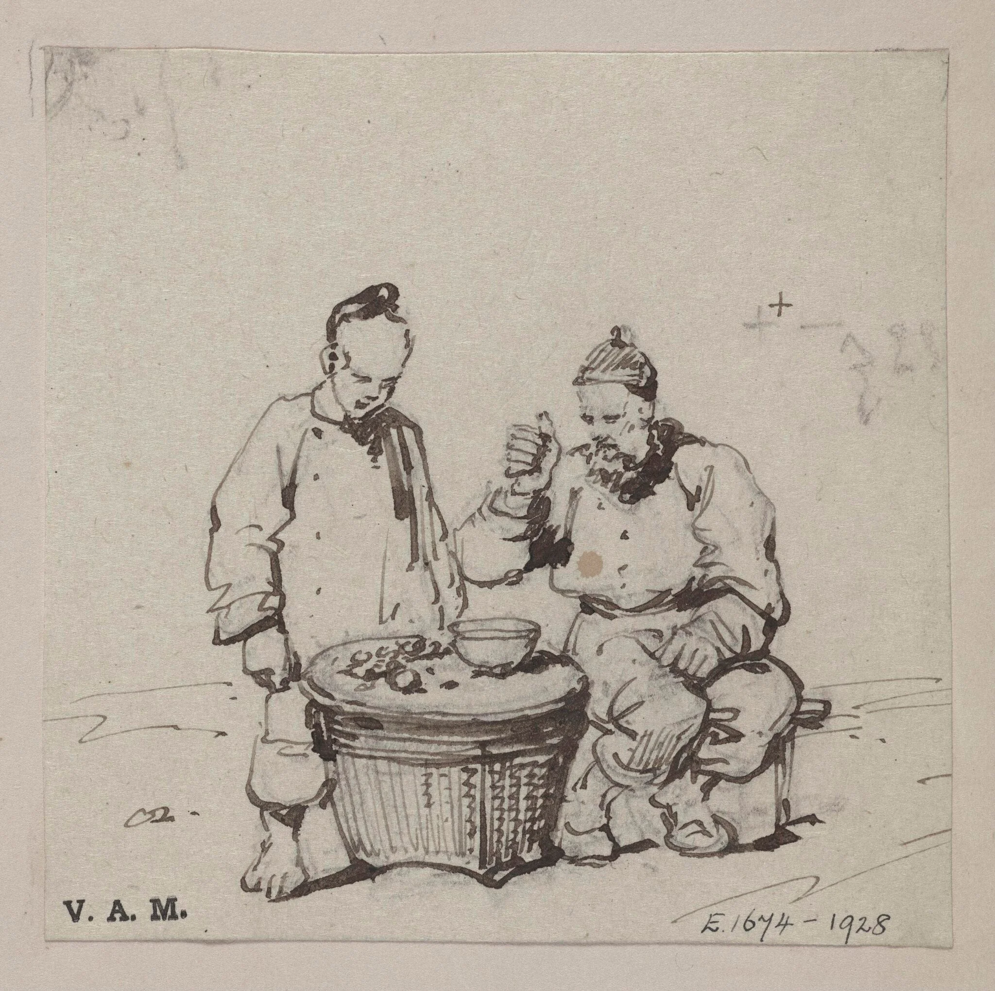 A Chinese man and boy beside a bowl placed on a basket, by George Chinnery, 19