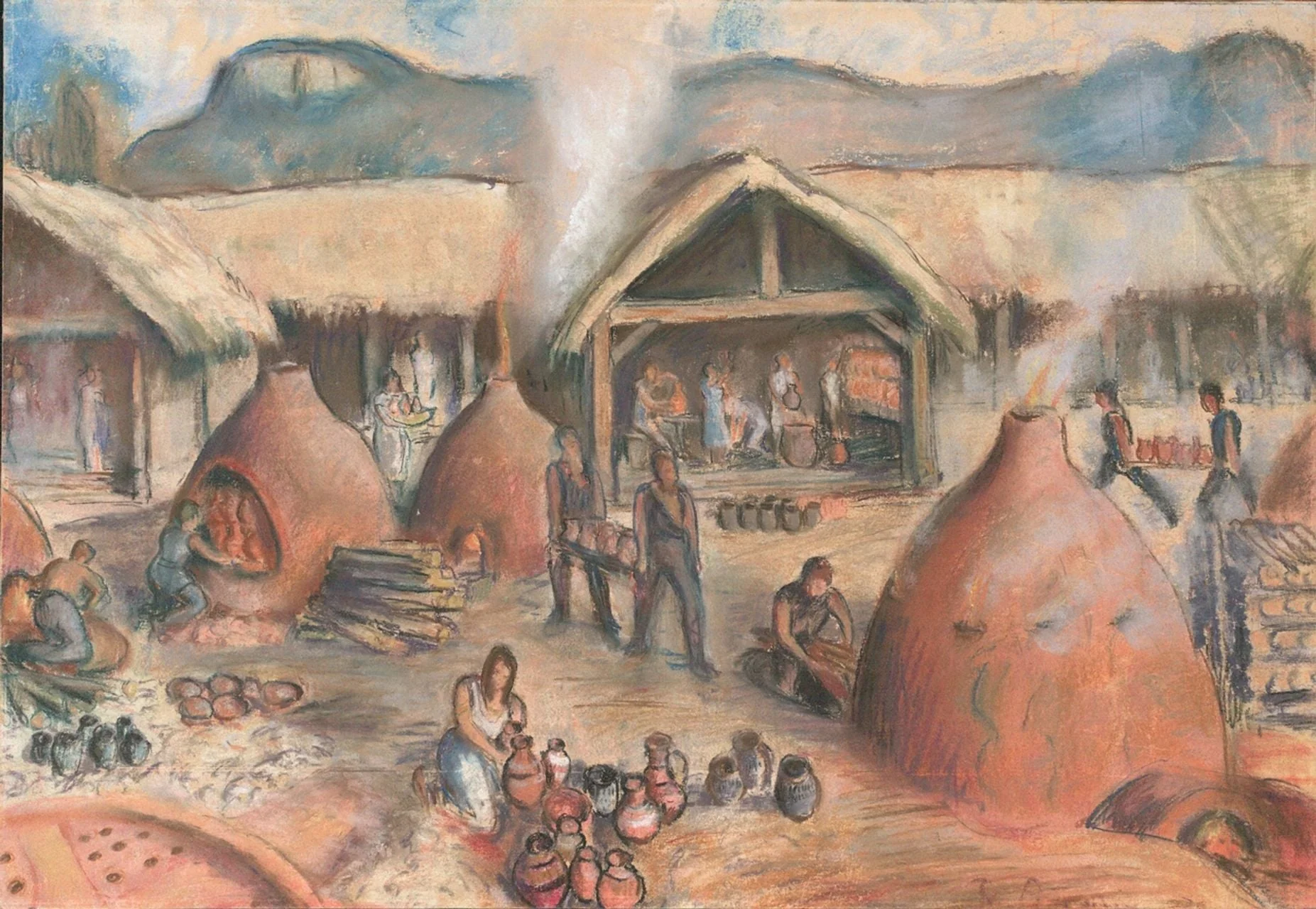 Pümpin, Fritz - Zeichnung, Malerei, Töpfersiedlung im vorderen Brühl bei Sissach, by Fritz Pümpin, 1938