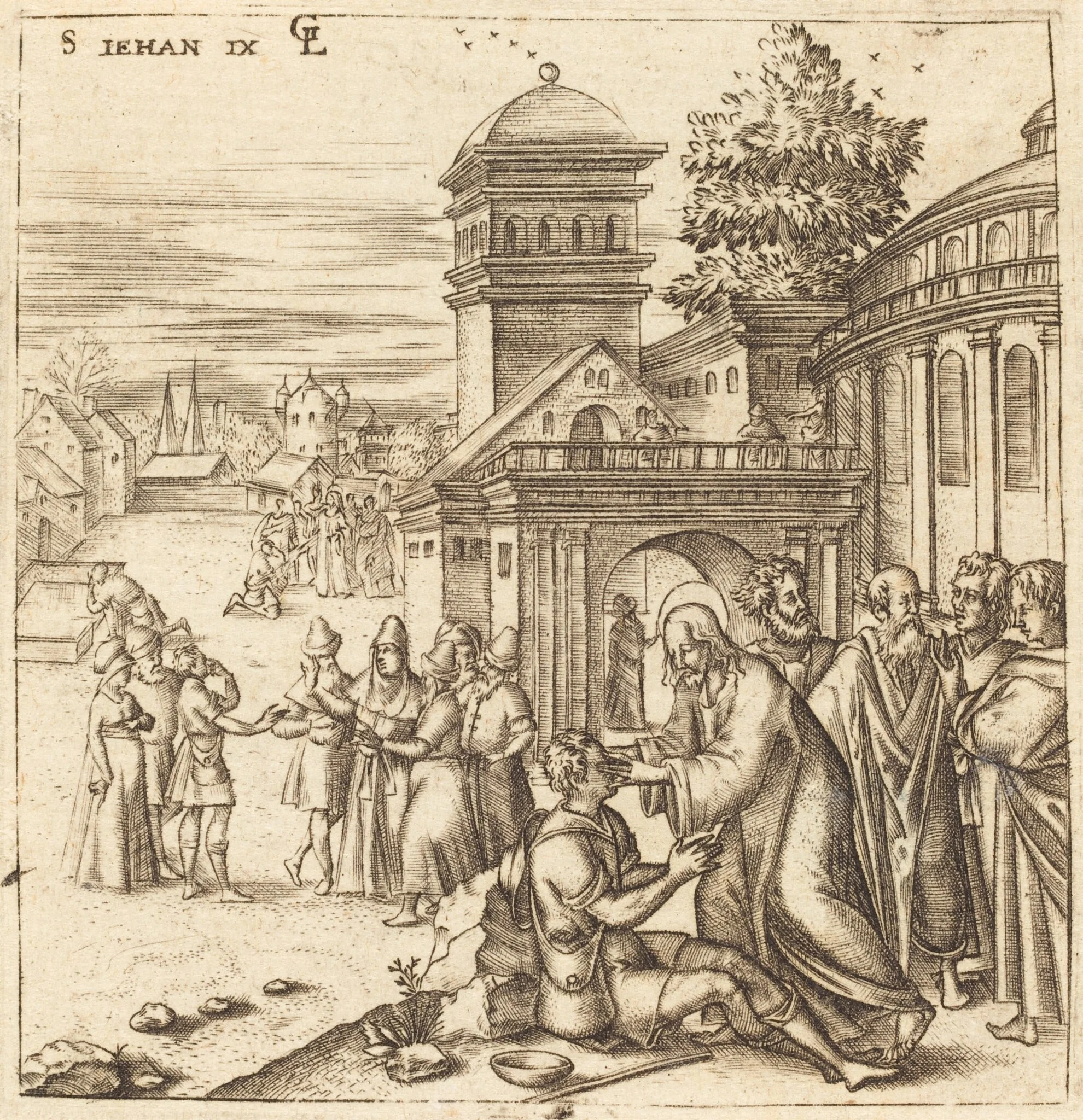 A Man Born Blind Receives Sight, by Léonard Gaultier, ink, 1578