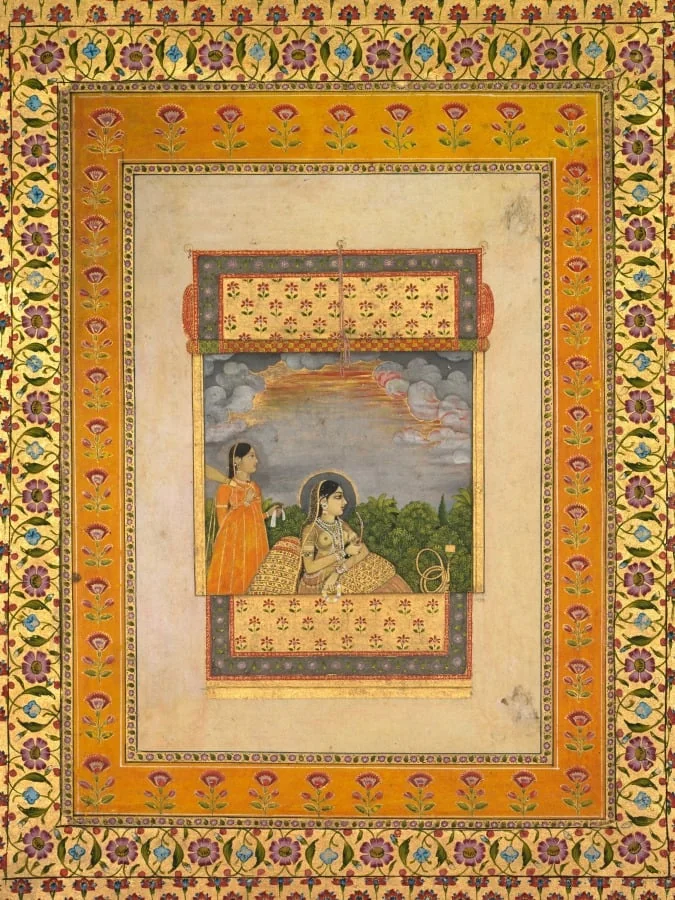 Princess and attendant in trompe l’oeil window, by Aqil Khan, unspecified, 1765
