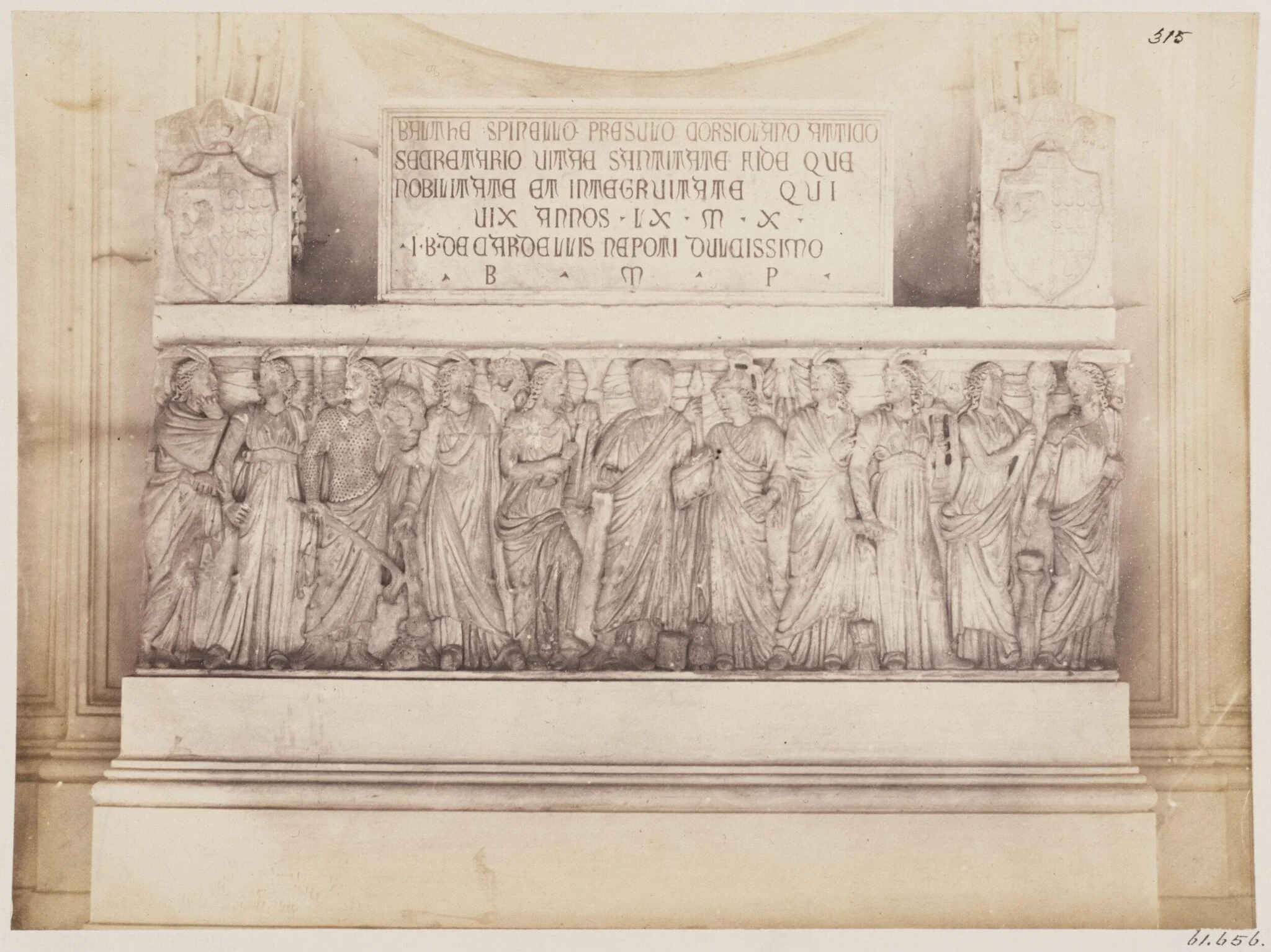 Sculptures - Sarcophagus, with a Sculpture of the third century, representing the Portrait of the deceased surrounded by Minerva and the Muses, now the Tomb of Monsignor Spinelli in the Church of the Priorato on the Aventine