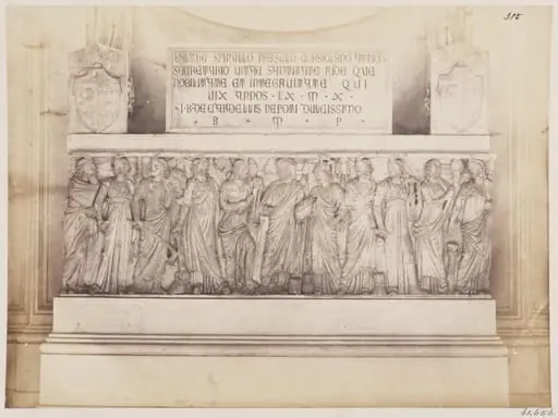 Sculptures - Sarcophagus, with a Sculpture of the third century, representing the Portrait of the deceased surrounded by Minerva and the Muses, now the Tomb of Monsignor Spinelli in the Church of the Priorato on the Aventine