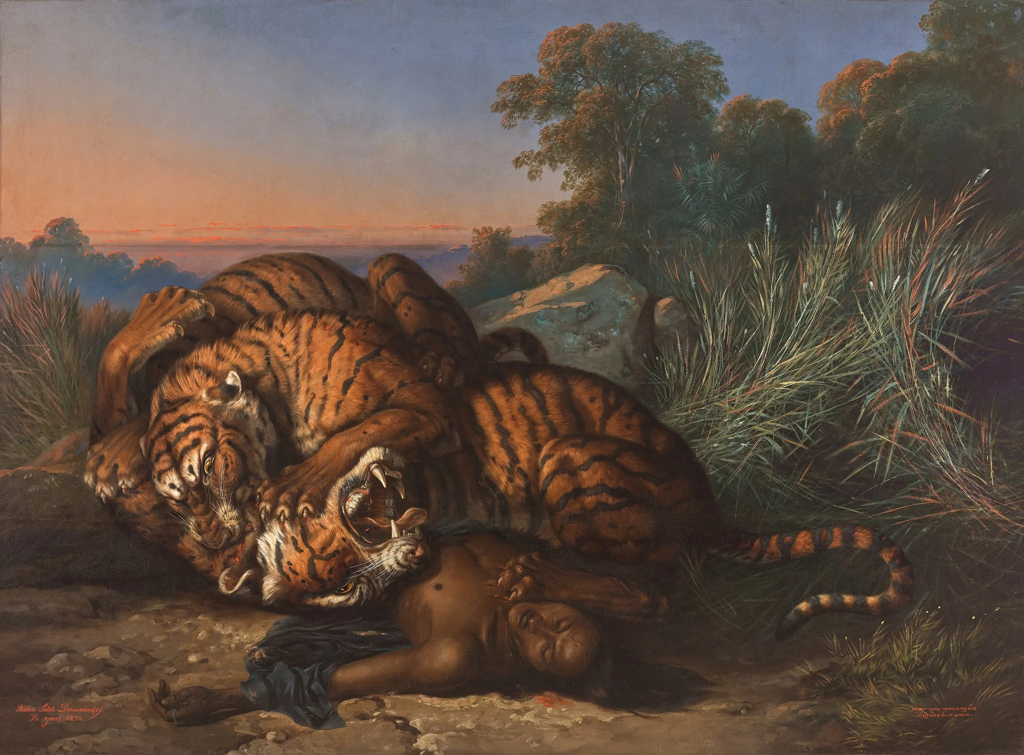 Tigers Fighting over a Dead Javanese, by Raden Saleh, oil, 1870