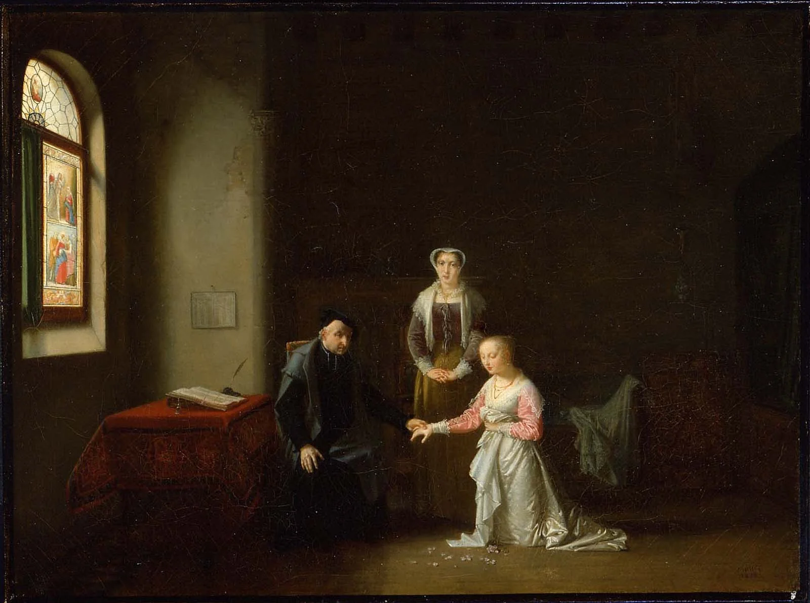 Young Woman Kneeling Before a Priest, by Jean-Baptiste Mallet, unspecified, 1826
