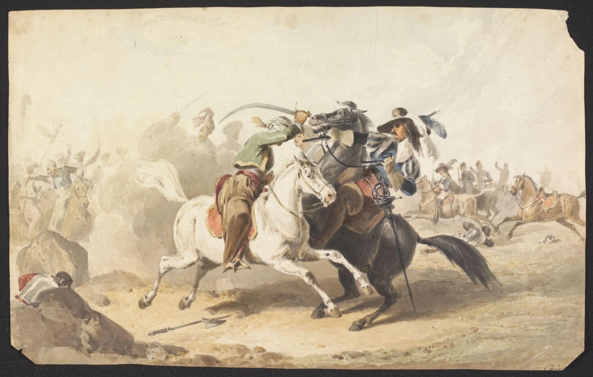 A Clash between European and Ottoman Cavalry, by Unknown, watercolor, 1800