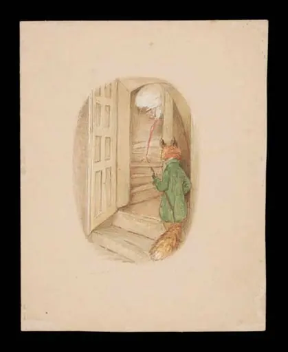 The fox following the stork up a staircase