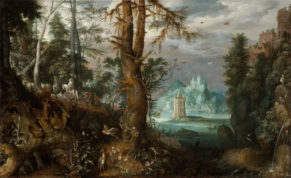 Forest Scene with Hunters