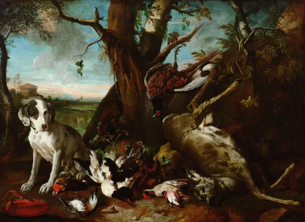 Dead wild game guarded by a hunting dog