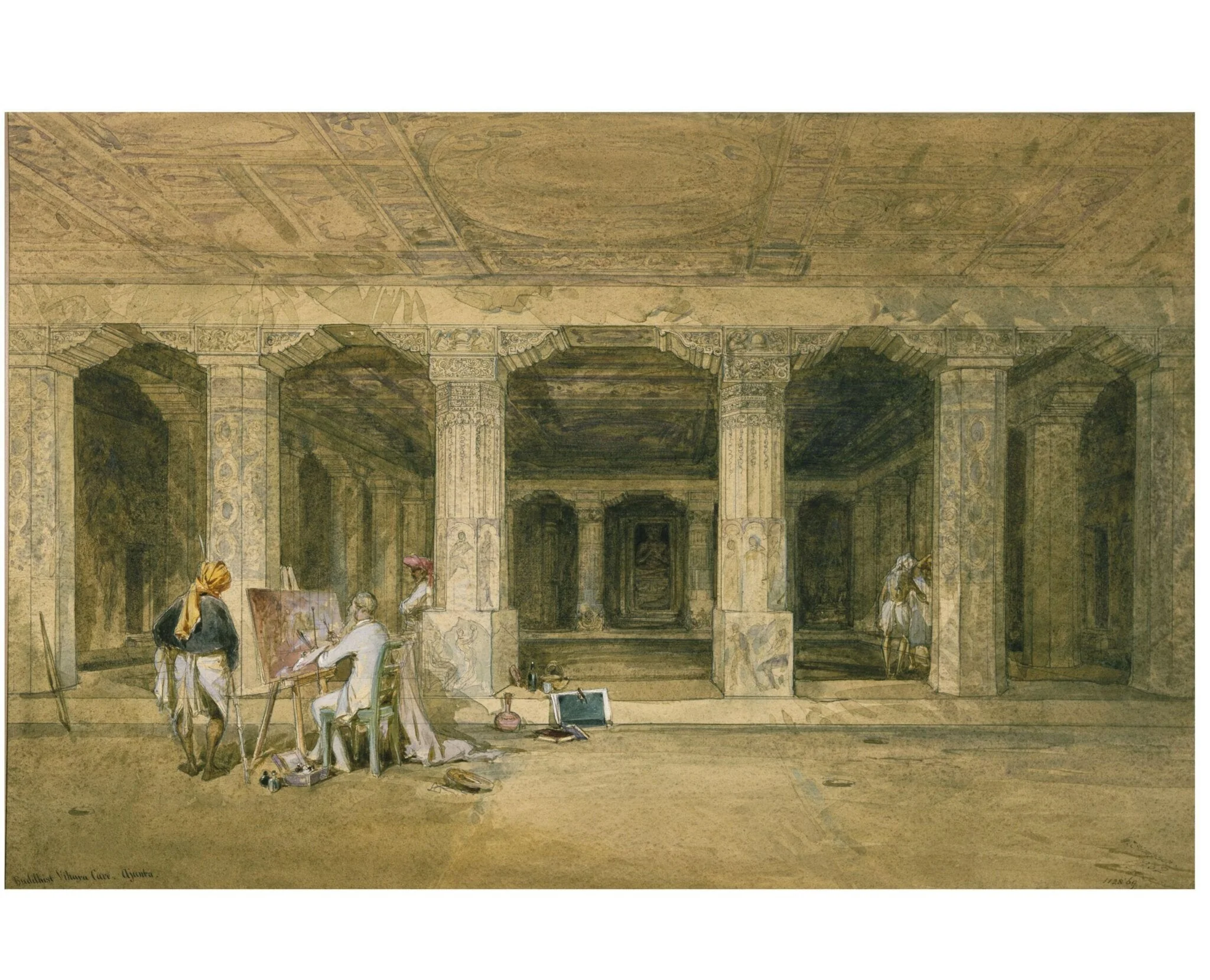 Buddhist vihara cave, Ajanta, by William Simpson, paint, 1862