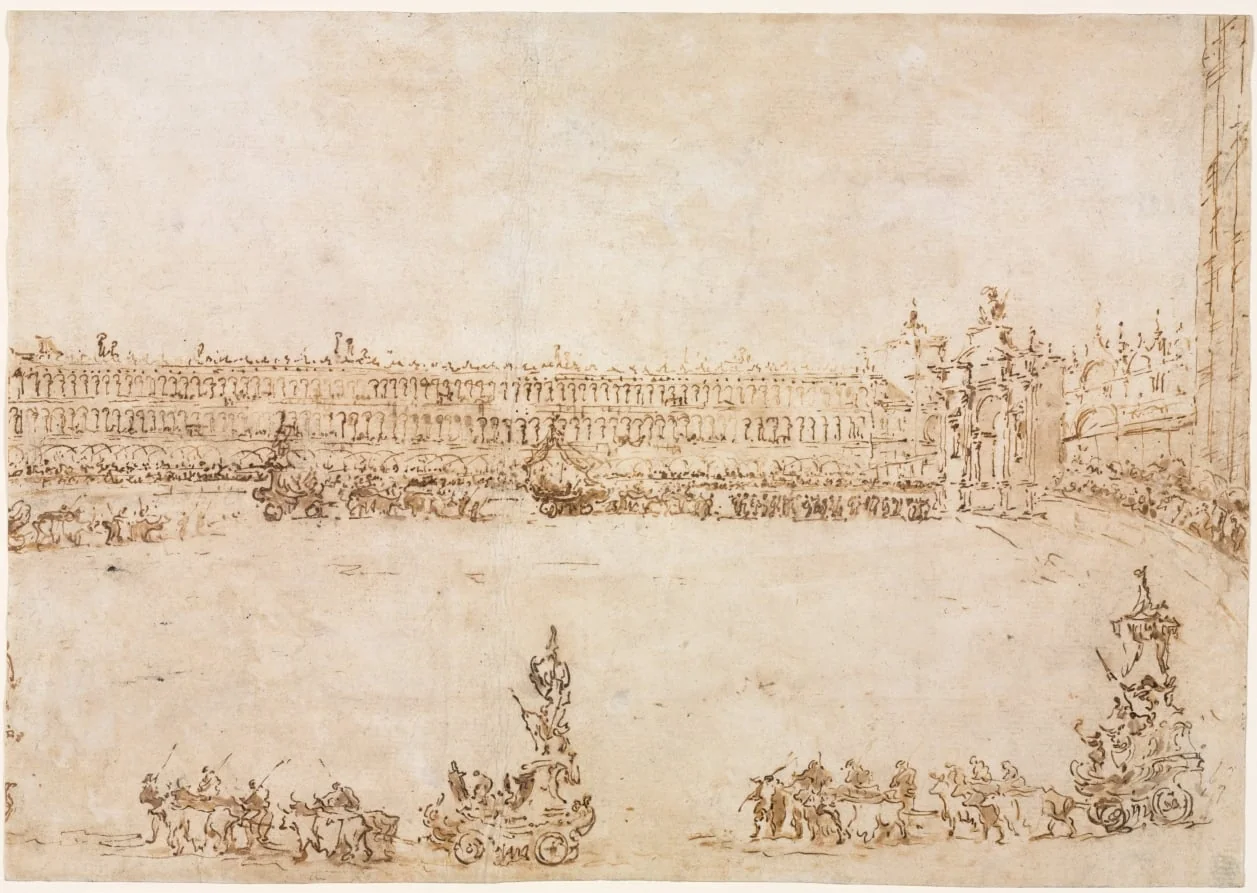 A Procession of Triumphal Cars in the Piazza San Marco, Venice, Celebrating the Visit of the Conti del Nord (recto), by Francesco Guardi, 1782