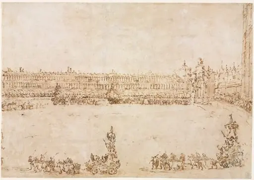 A Procession of Triumphal Cars in the Piazza San Marco, Venice, Celebrating the Visit of the Conti del Nord (recto)