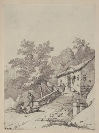 Fiigures on a path leading to a rocky summit