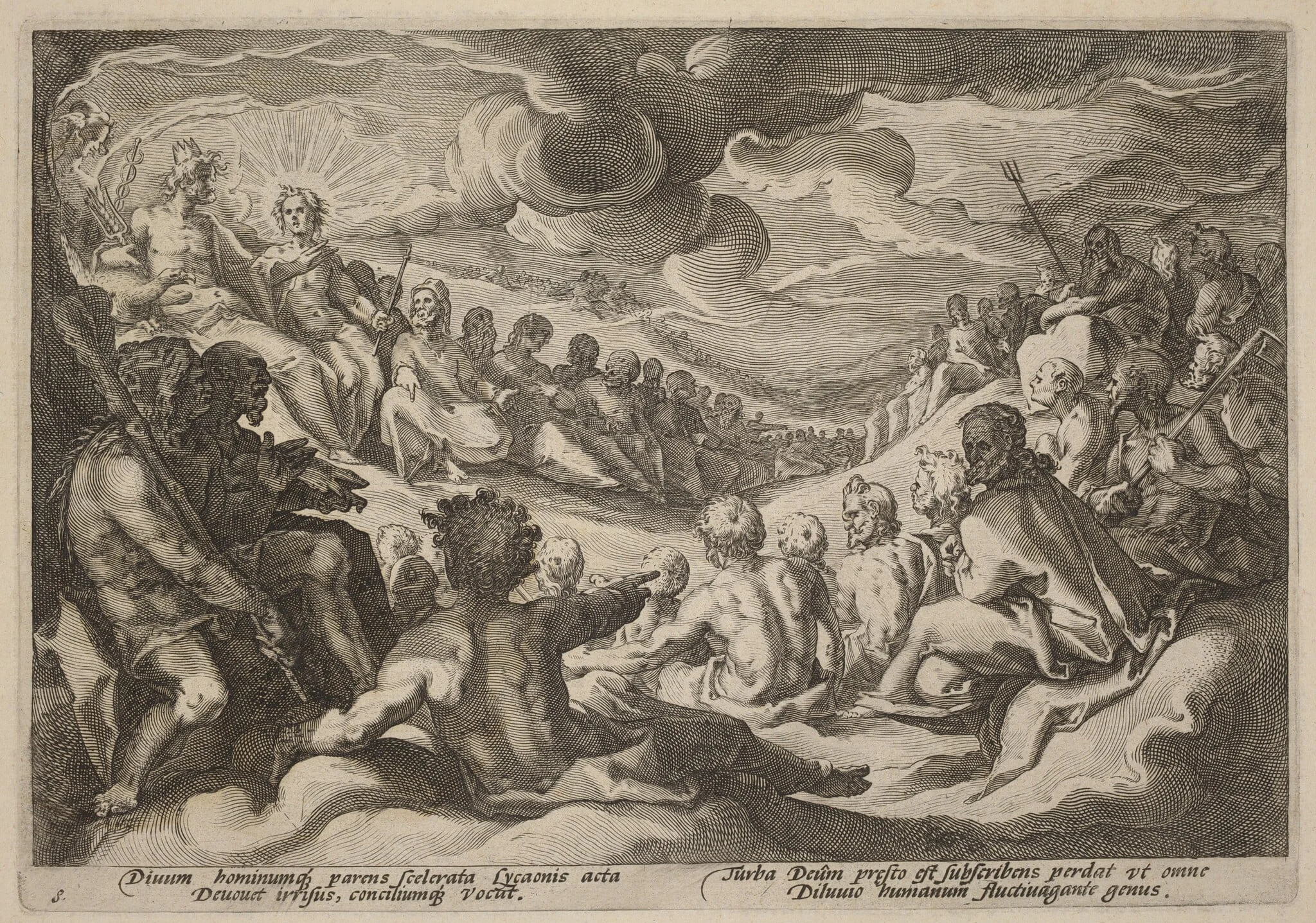 Jupiter Taking Counsel from the Gods about the Destruction of the Universe, by Hendrik Goltzius, ink, 1589
