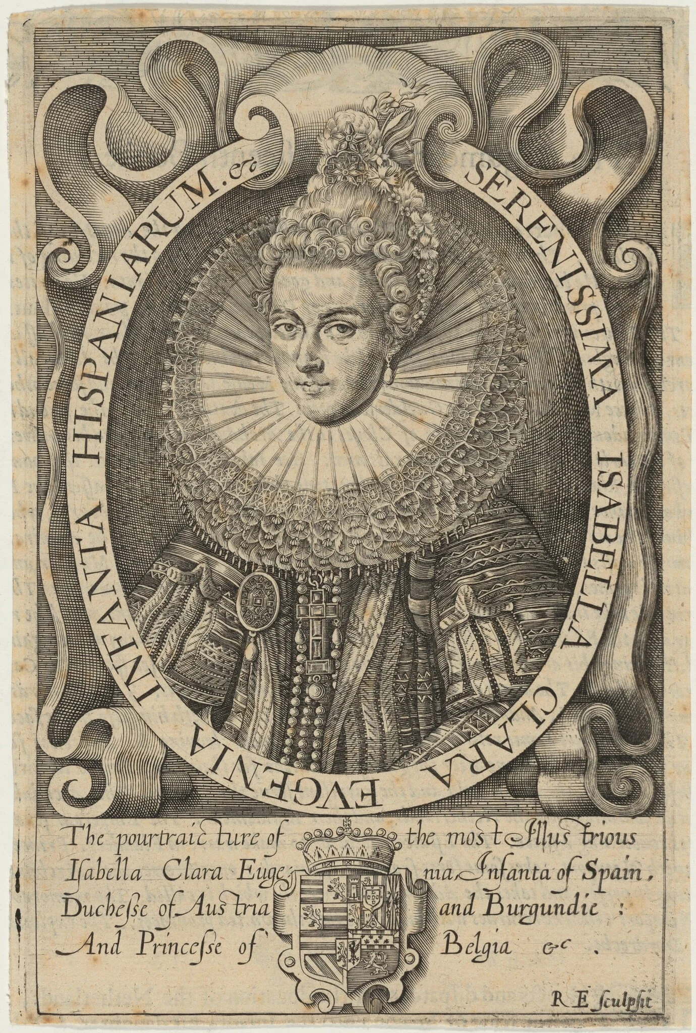 Isabella Clara Eugenia, Infanta of Spain, wife of Archduke of Austria, by Renold Elstrack, ink, 1627