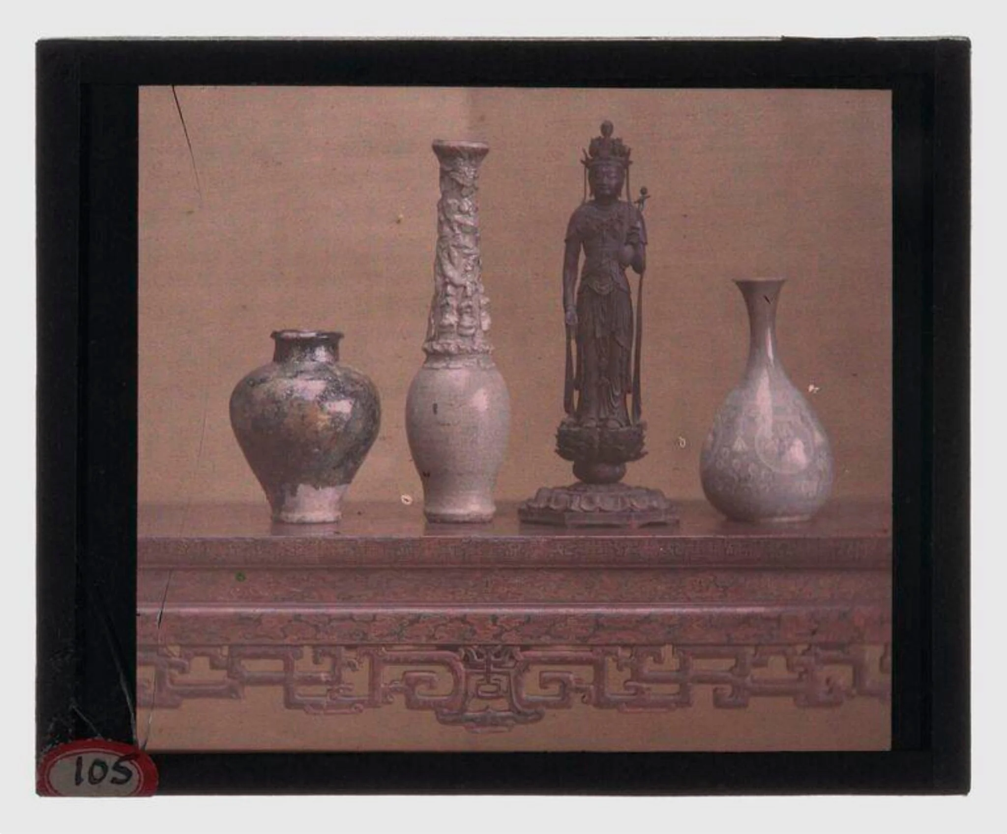'Jar, Raqqa, Syria, 12th-13th century', 'Funderary Jar', China, 13th century', 'Bodhisattva Avalokiteshvara (Kannon)', Japan, late 12th century, 'Pear-shaped bottle', Korea, late 13th-early 14th century, 'Table with dragon decoration', China, probably 18th century, from the Charles Lang Freer Collection, by Alvin Langdon Coburn, photographic, 1909