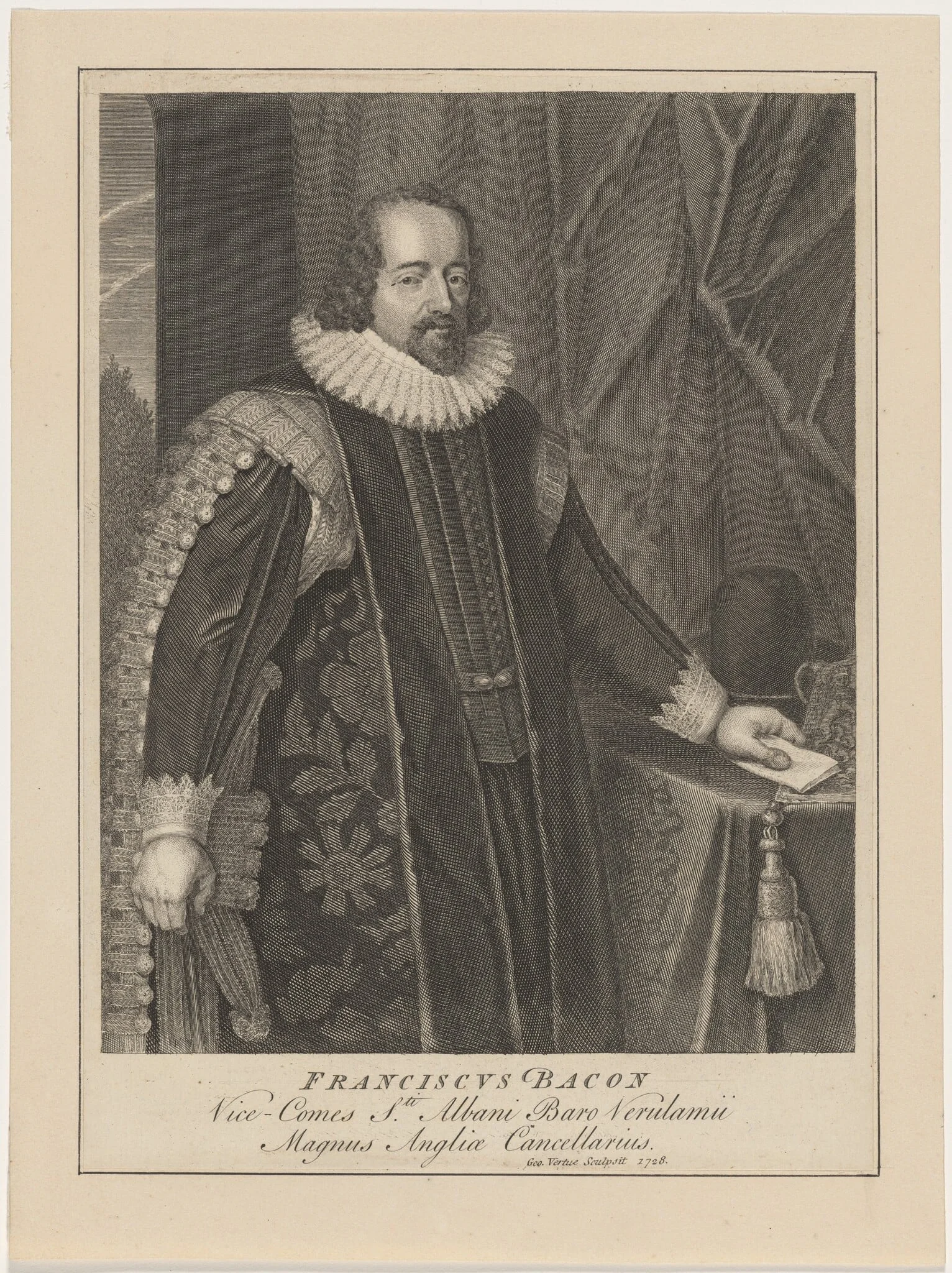 Francis Bacon, Viscount Saint Albans, by George Vertue, ink, 1728