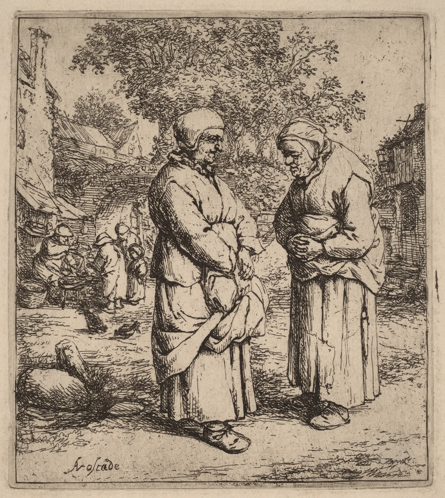 Two Peasant Women Conversing on a Village Street, by Adriaen van Ostade, ink, 1652