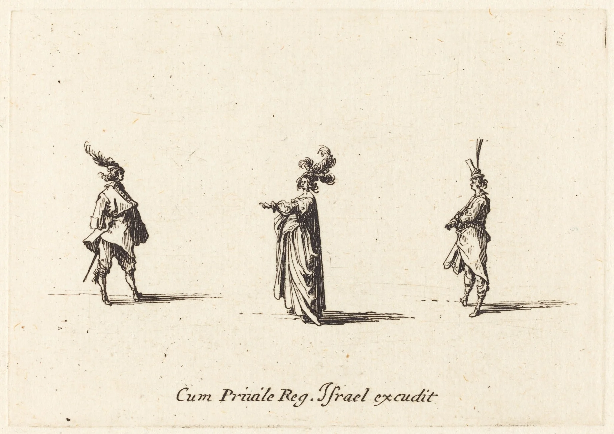 Lady with Plumed Hat, and Two Gentlemen, by Jacques Callot, ink, 1634