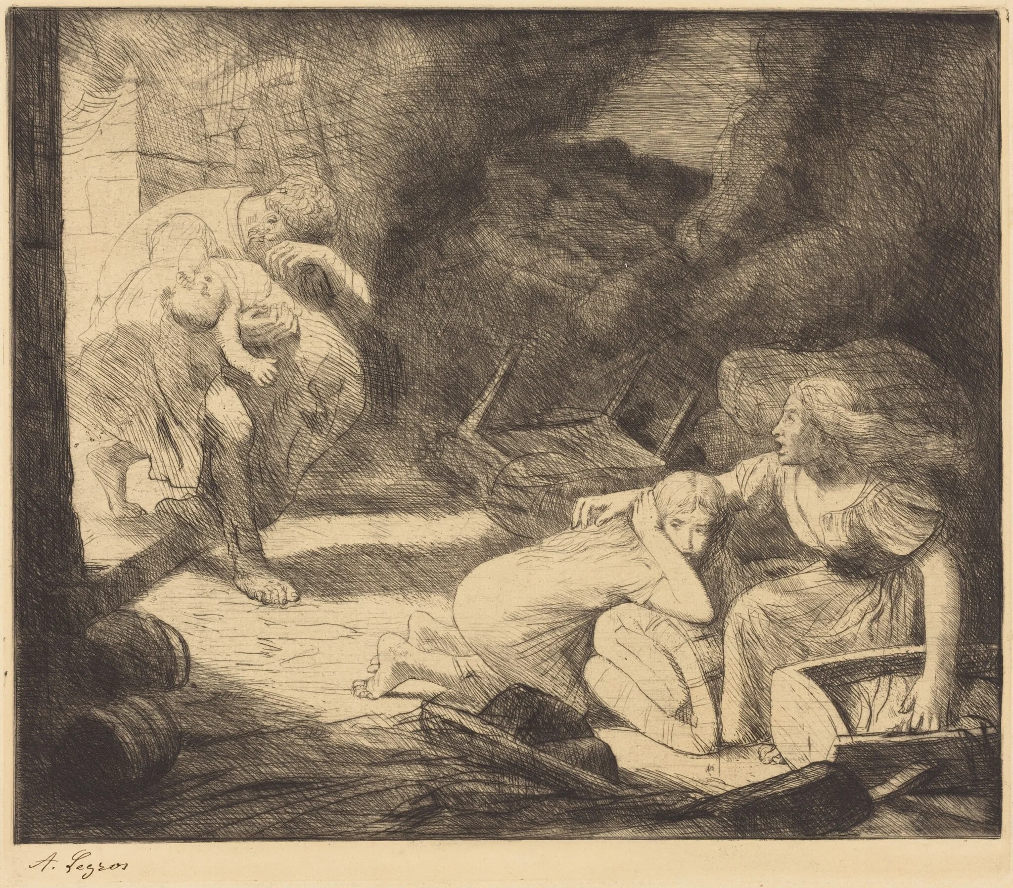 The Fire, 2nd plate (L'incendie), by Alphonse Legros, ink, 1874