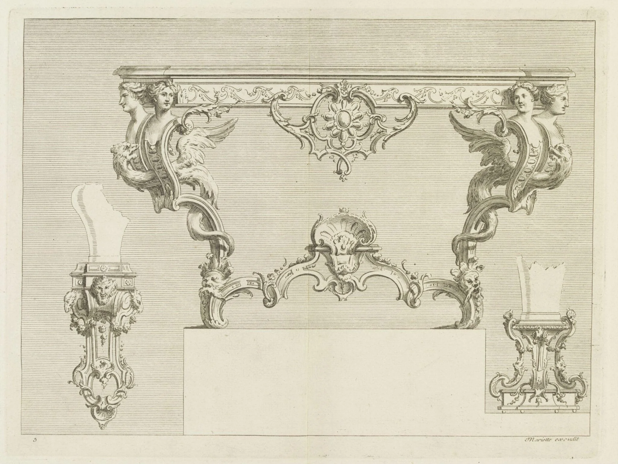Nouveaux Desseins de Pieds de Tables et de Vases et Consoles de sculpture en bois Inventes par le sieur Pineau sculpteur, by Nicolas Pineau, 1737
