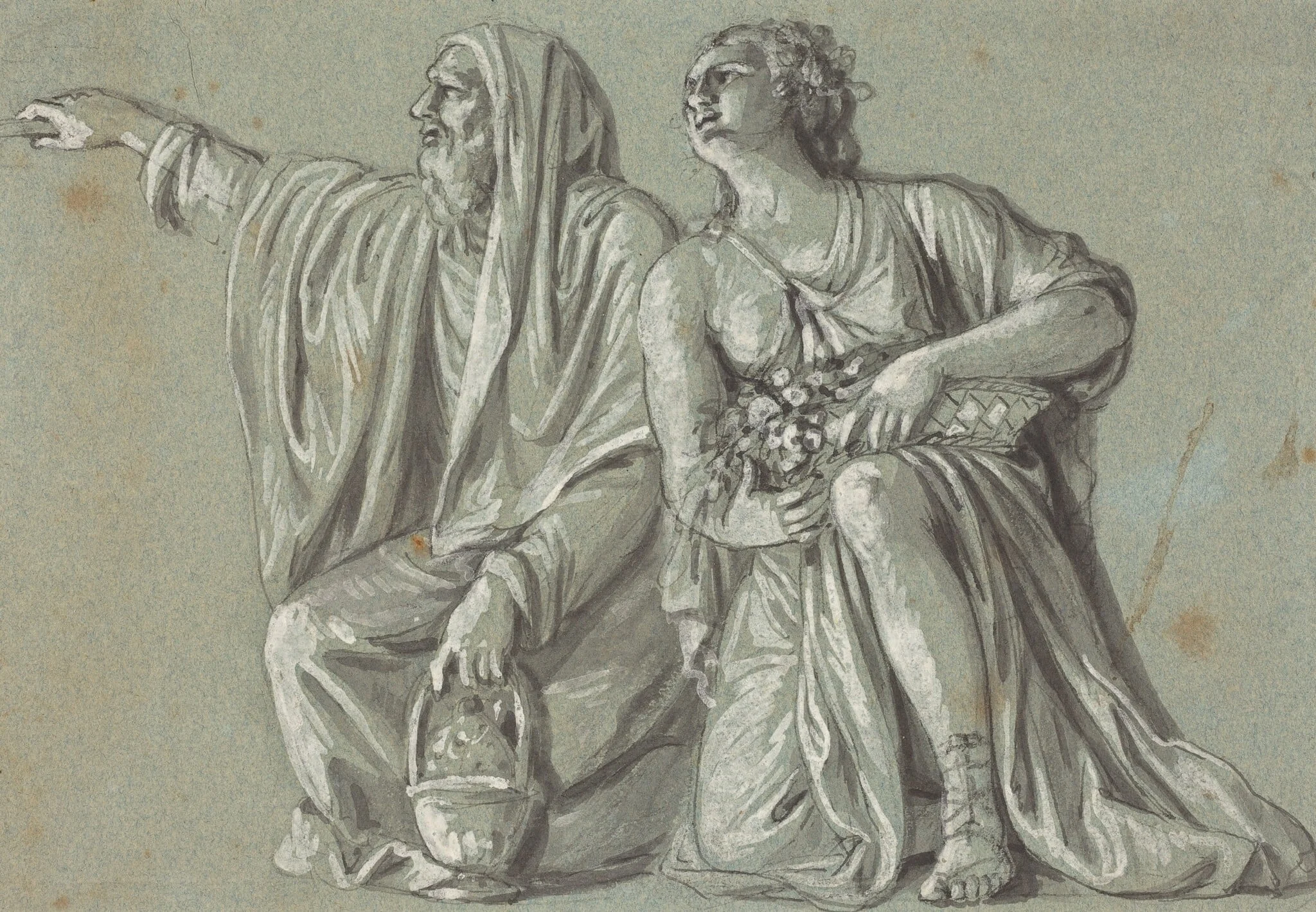 Two Kneeling Figures with Offerings, by Roman 18th Century, ink, 1750
