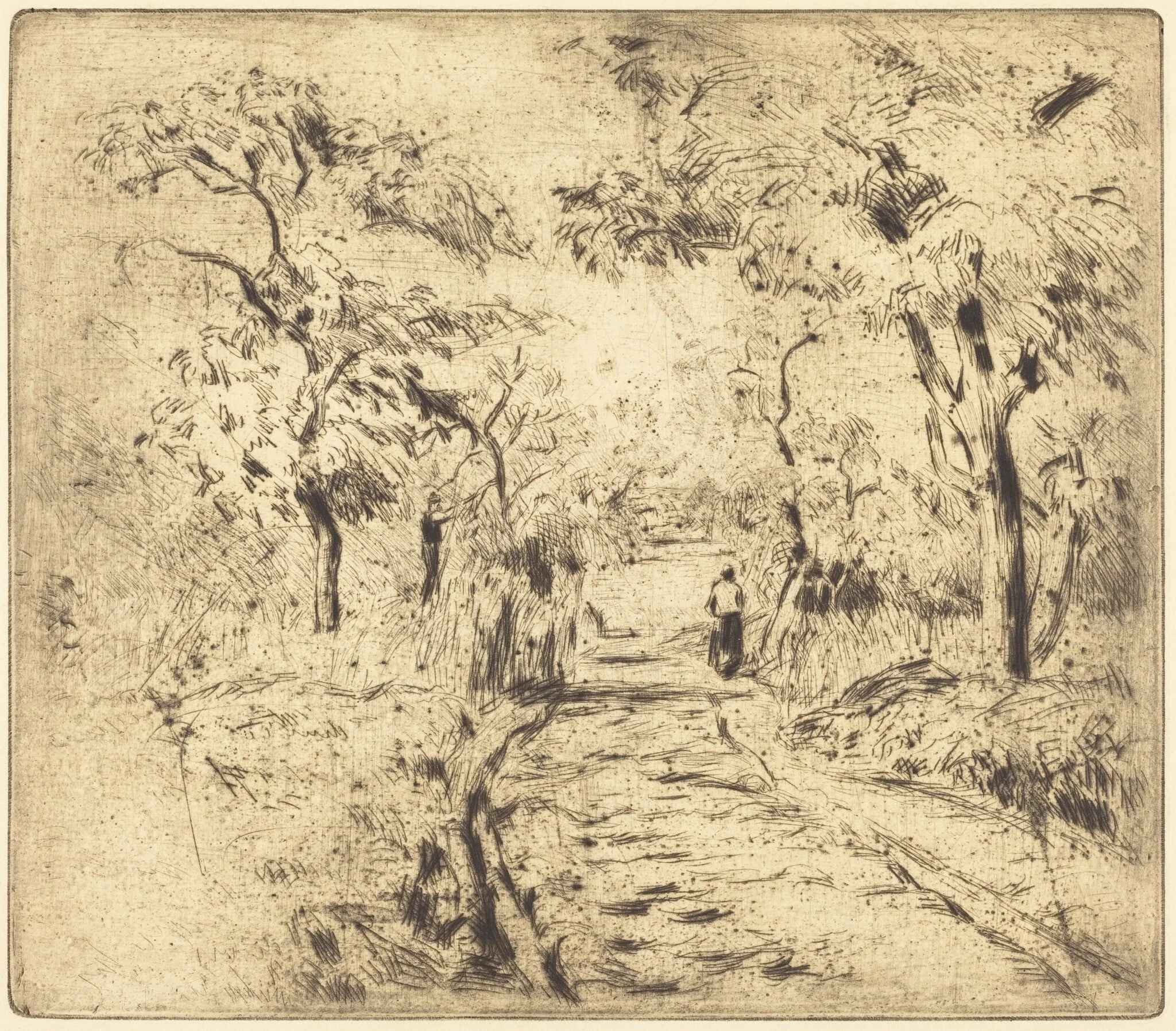In the Fields at Ennery (Dans les champs, a Ennery), by Camille Pissarro, ink, 1875