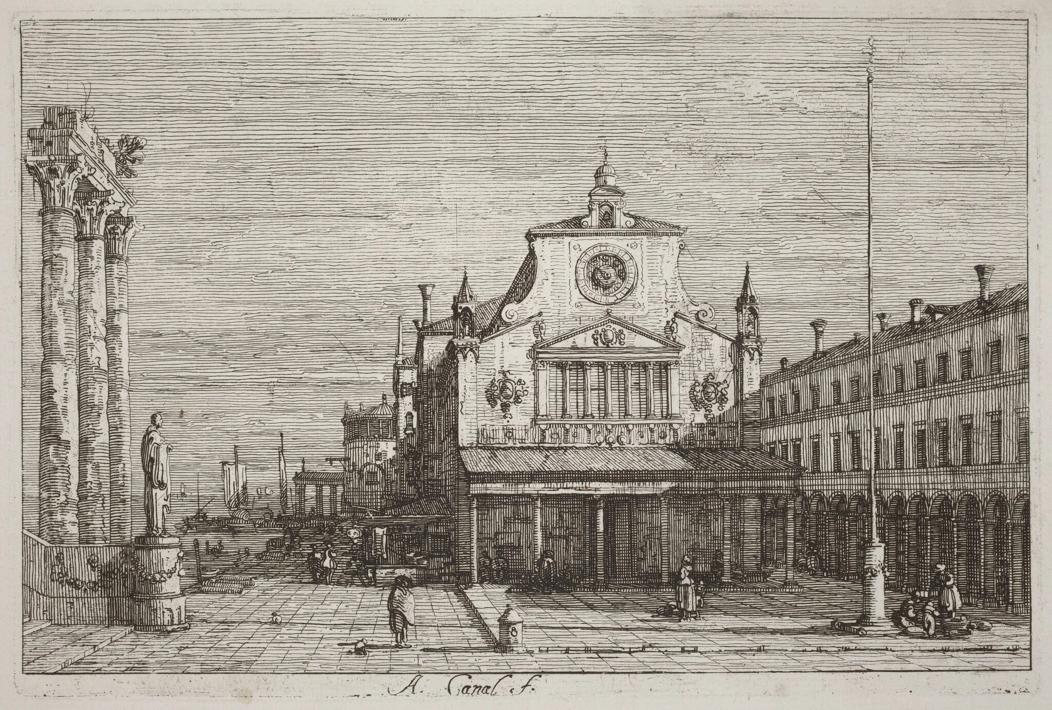 Imaginary View of S. Giacomo di Rialto [upper right], by Canaletto, ink, 1740