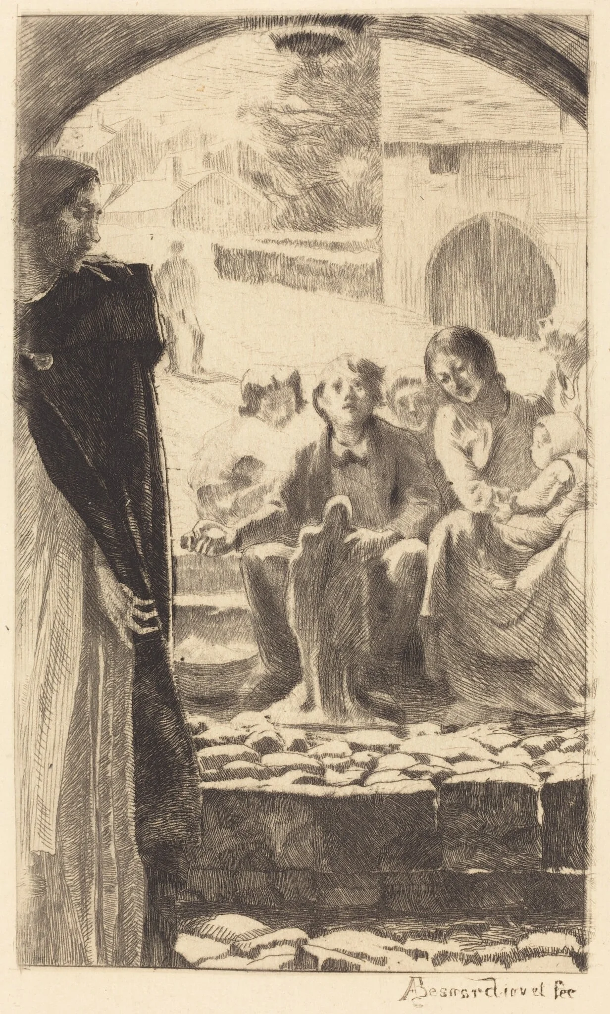 Pierre Copies the Virgin from the Portal of the Church of Marly (Pierre Copie la Vierge du Portail de L'Église de Marly), by Paul-Albert Besnard, ink, 1885